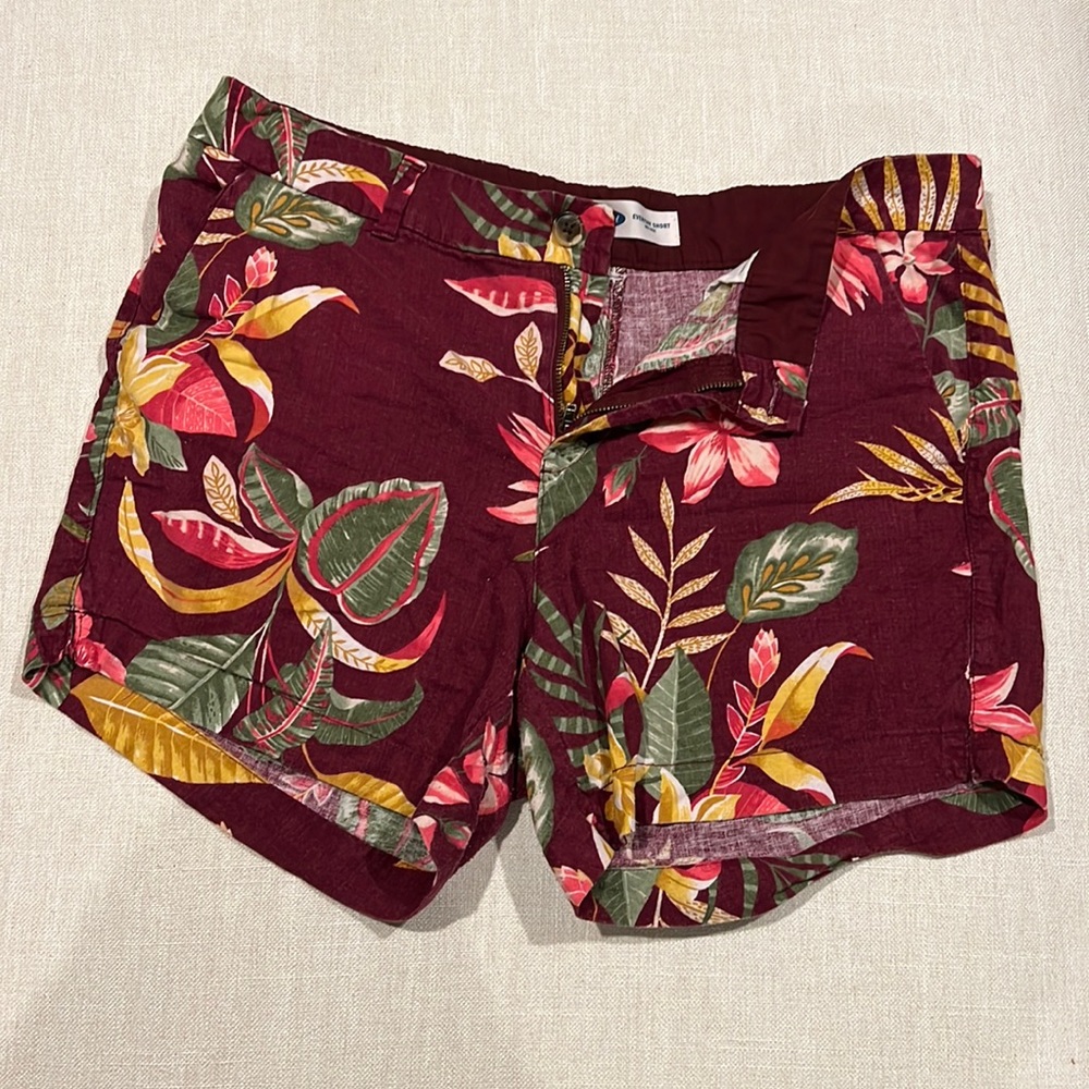 Tropical Print Maroon Linen Like Shorts with Pink and Yellow Flowers